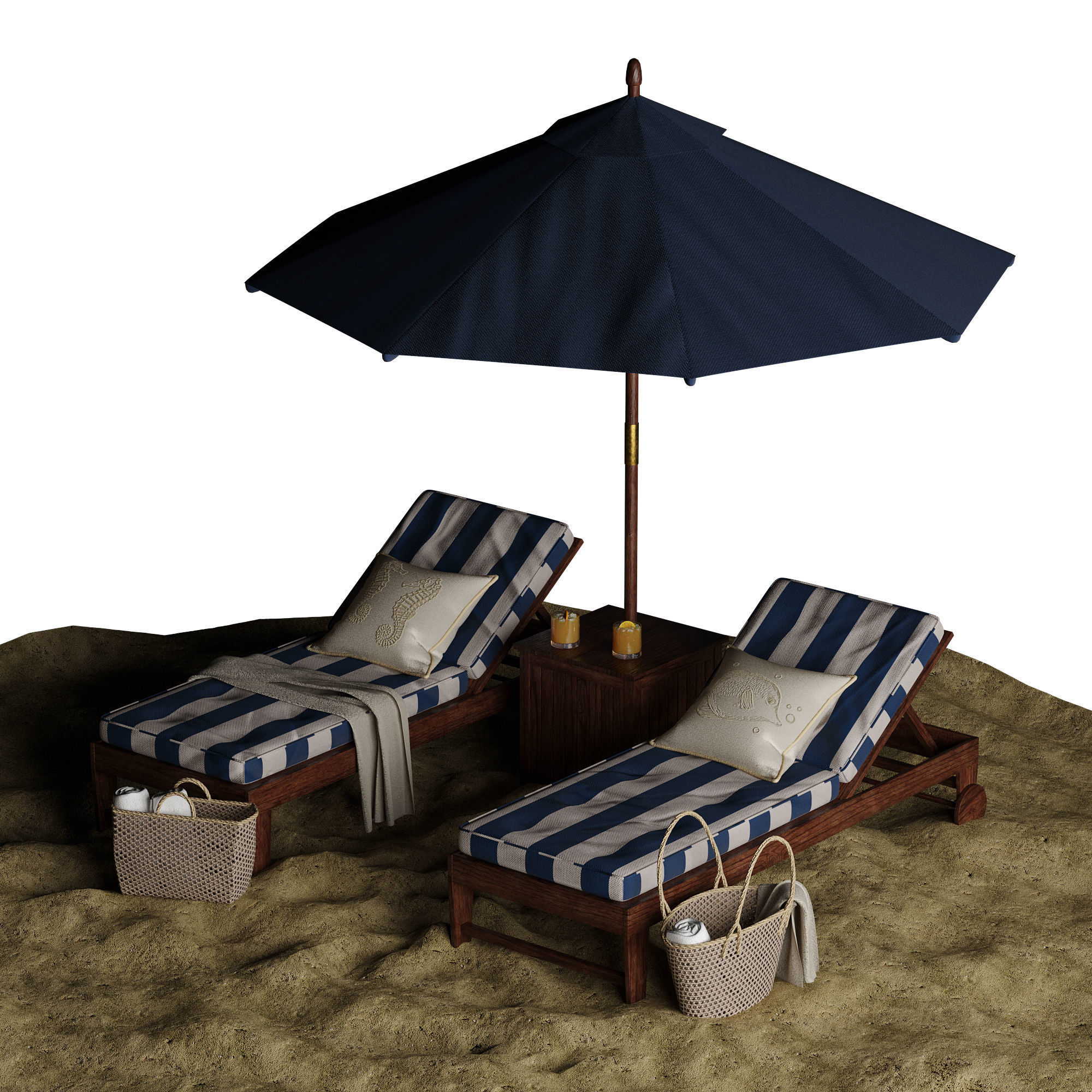 Beach umbrella and chaise longue set 7 3D model_25