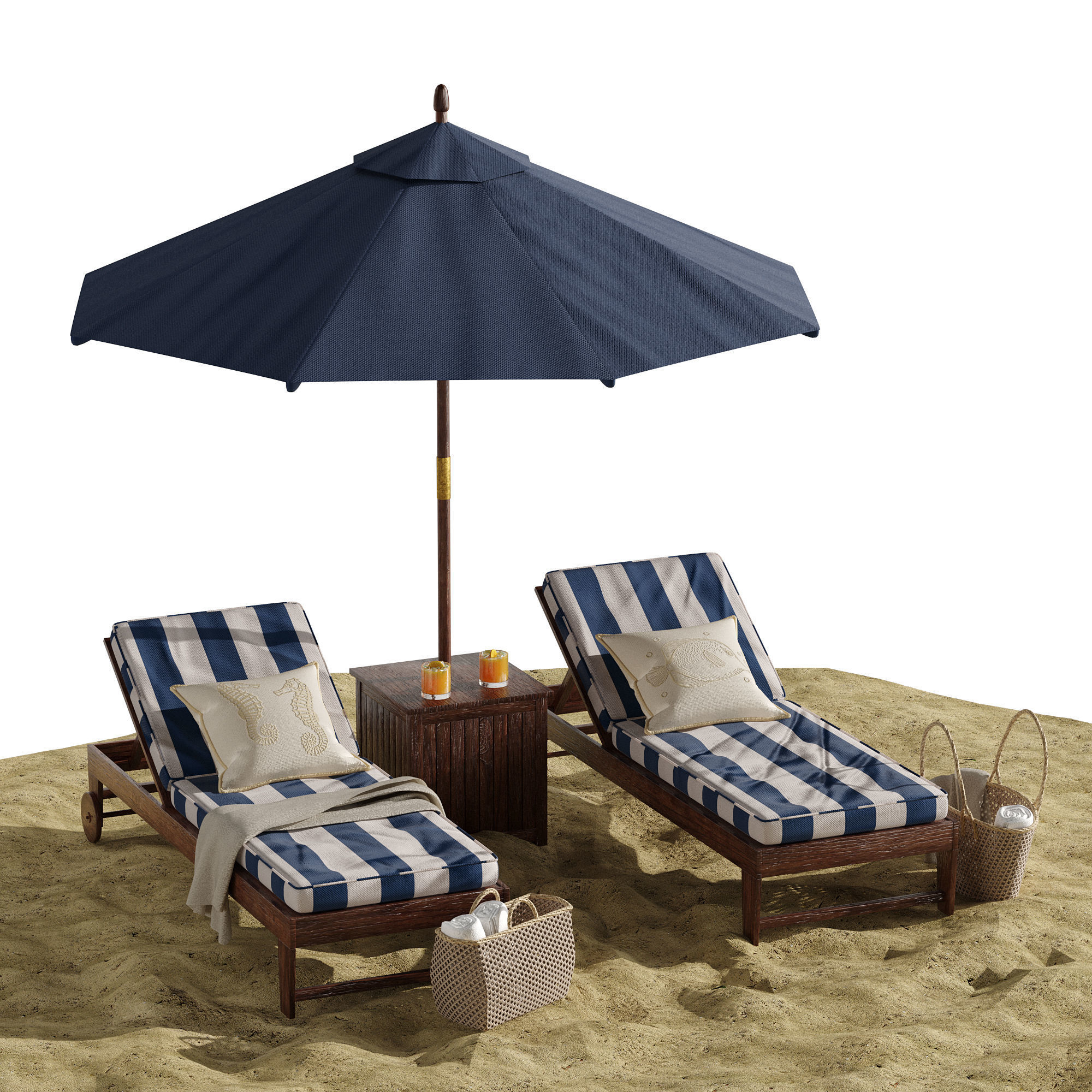 Beach umbrella and chaise longue set 7 3D model_2