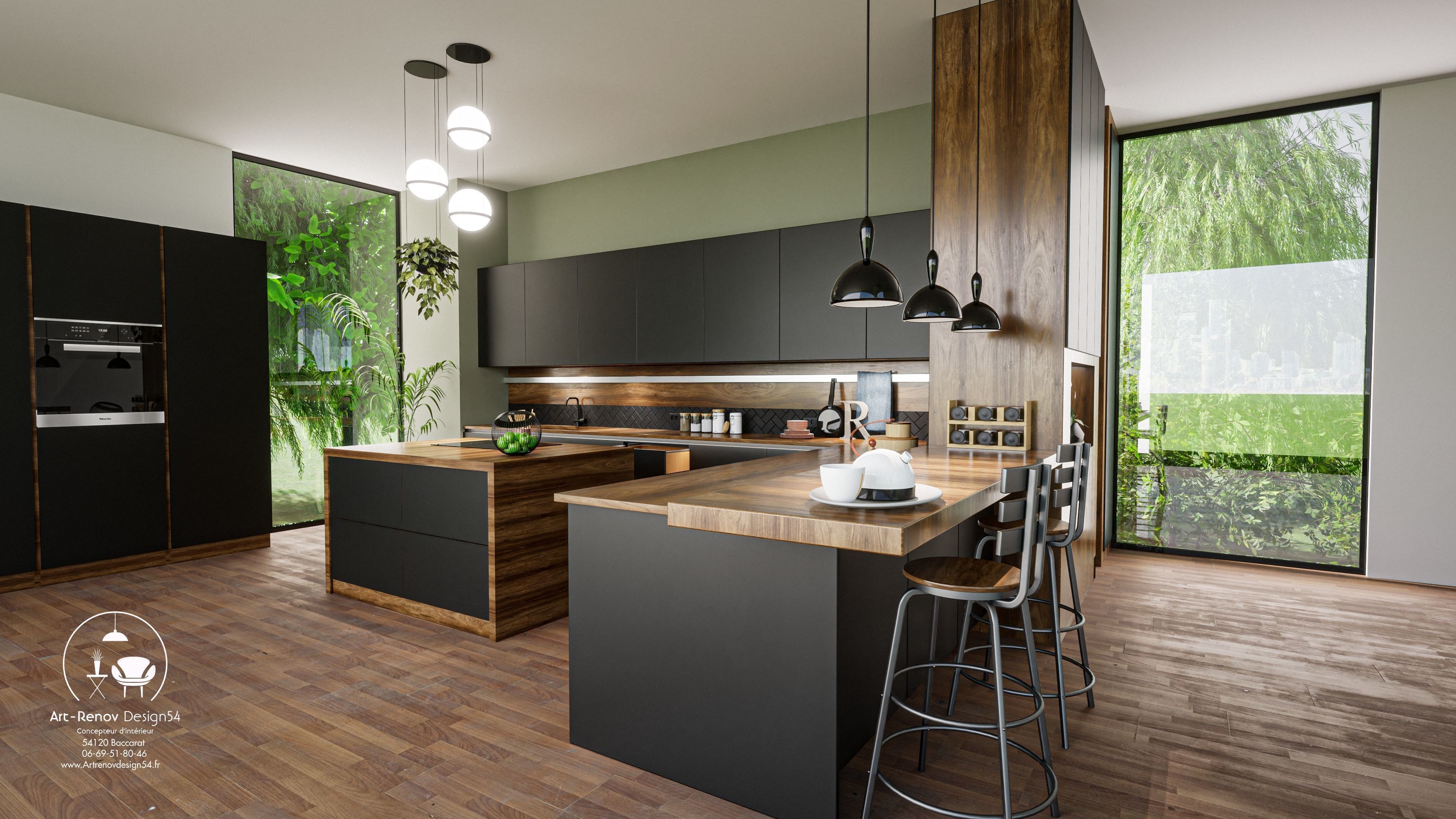 CUISINE modern kitchen with cabinets and wooden counter tops 3D model_1