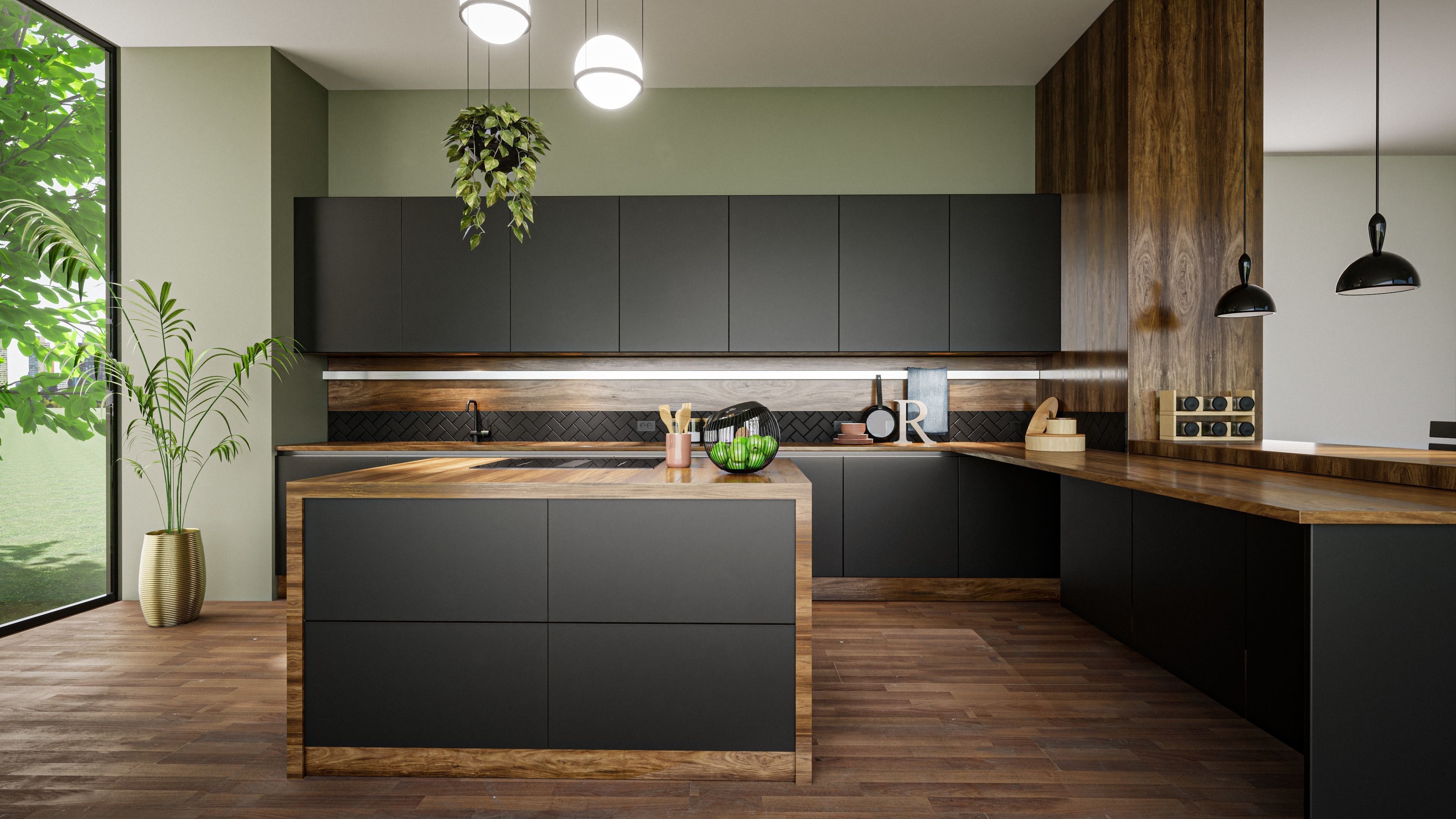 CUISINE modern kitchen with cabinets and wooden counter tops 3D model_2