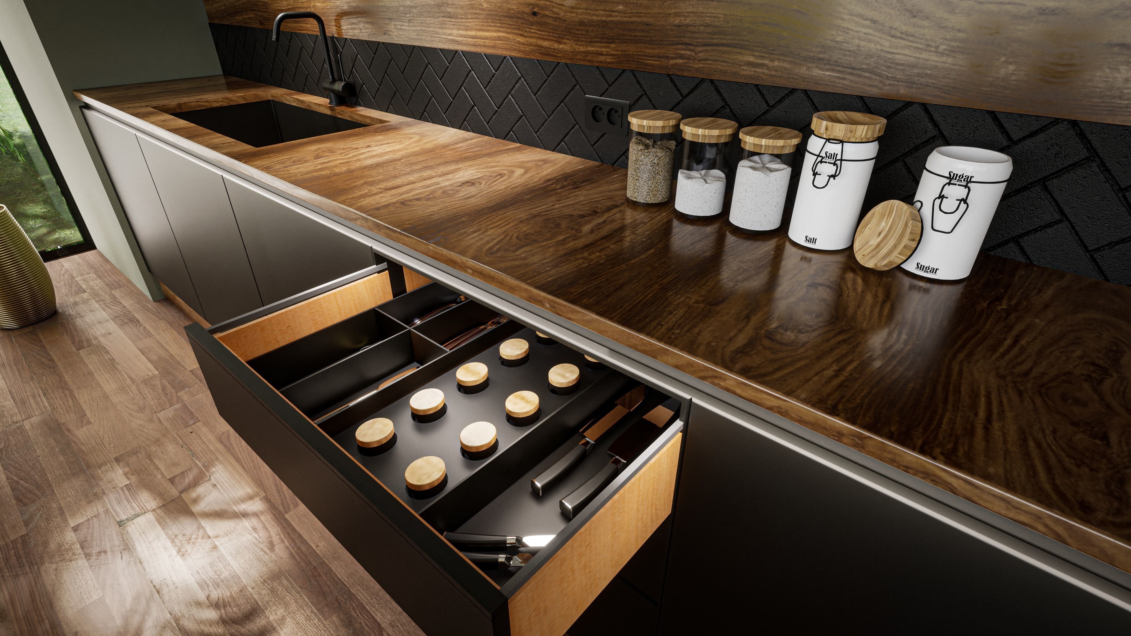 CUISINE modern kitchen with cabinets and wooden counter tops 3D model_4