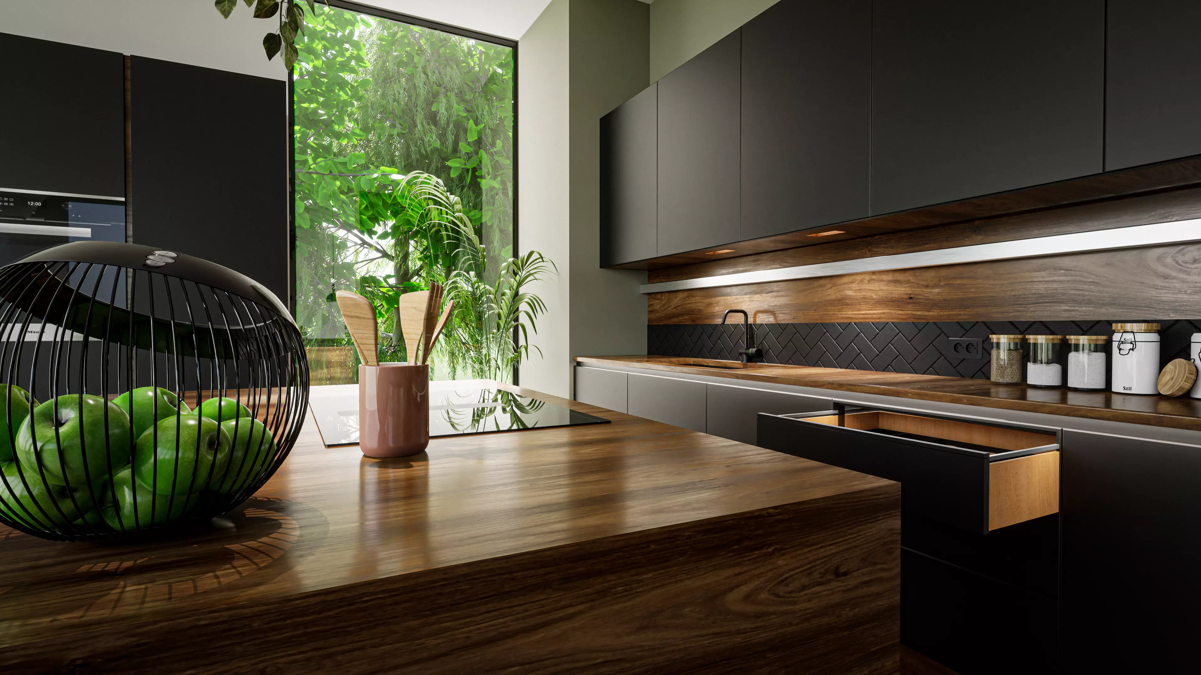 CUISINE modern kitchen with cabinets and wooden counter tops 3D model_0