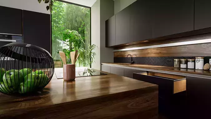 CUISINE modern kitchen with cabinets and wooden counter tops 3D model