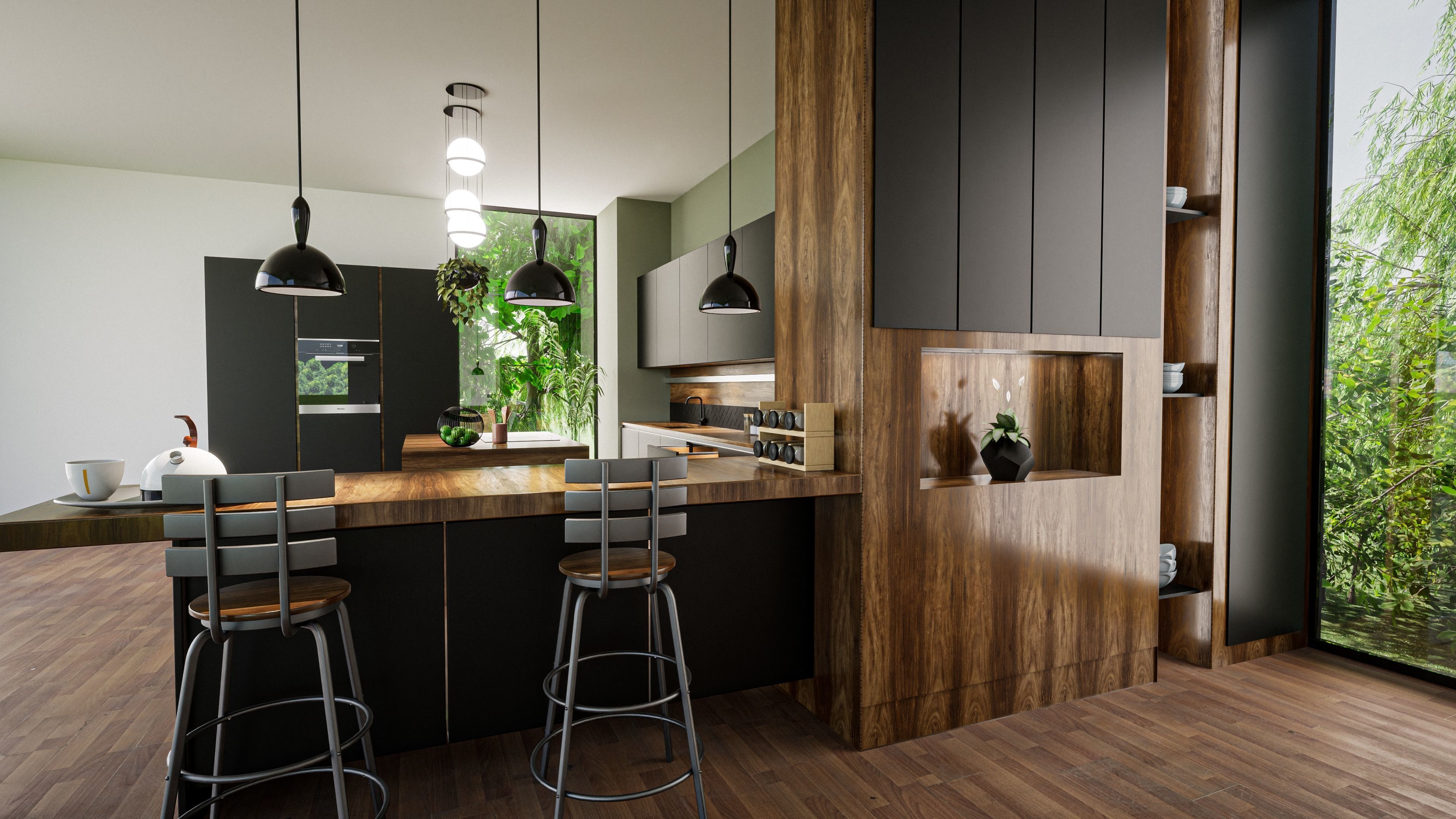 CUISINE modern kitchen with cabinets and wooden counter tops 3D model_3