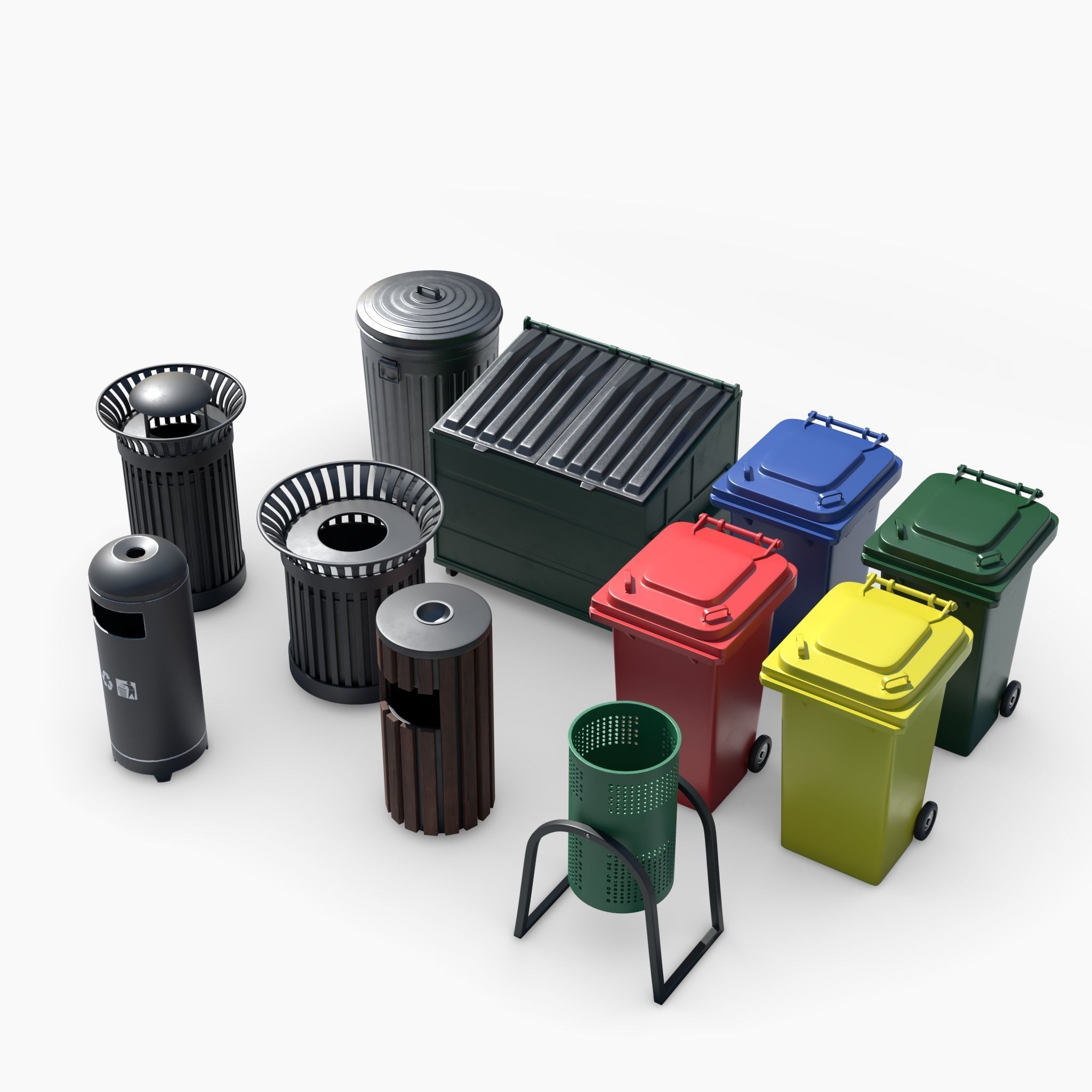 Trashcan Set recycling bin on wheels 3D model_12
