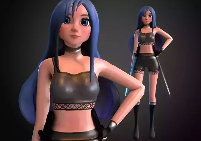 woman fighter rigged low poly