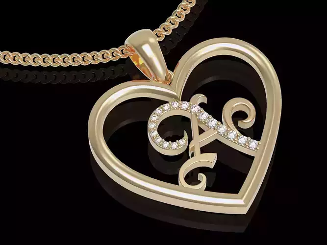 Heart  letter A  pendant gold printable jewelry 3D model 