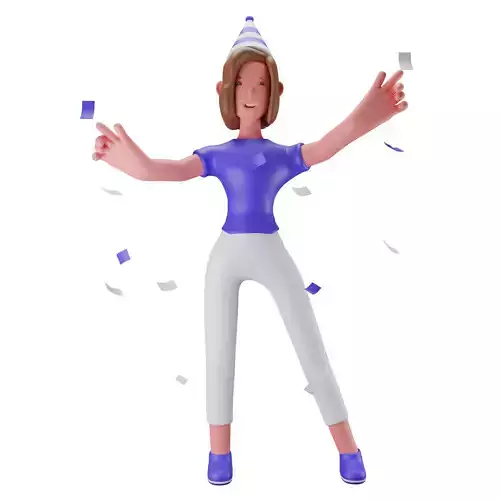 3d Female or Girl Character Celebrating with Party Hat Confetti