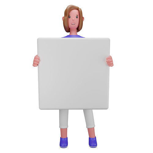 3d Female or Girl Character Holding Blank Placard Low-poly 3D model