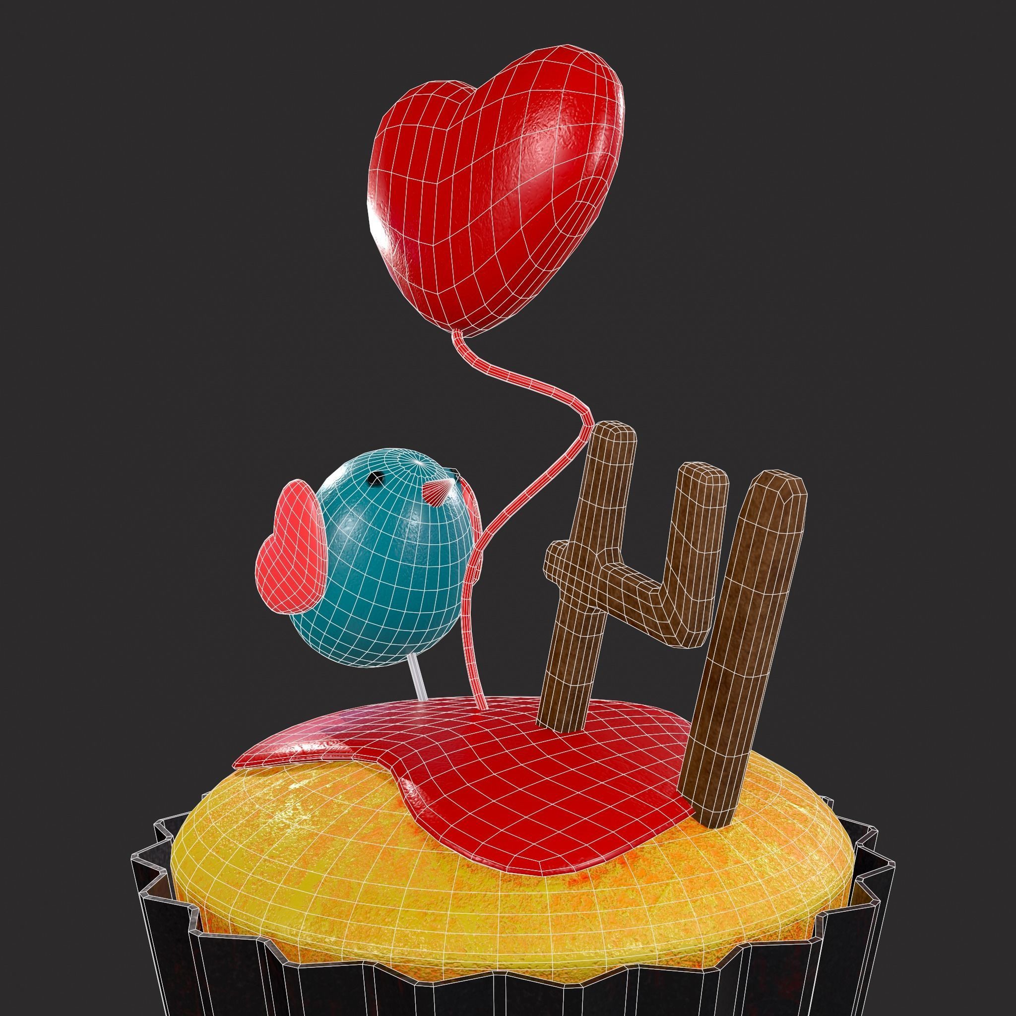 Valentines Bird Cupcake Low-poly 3D model_16