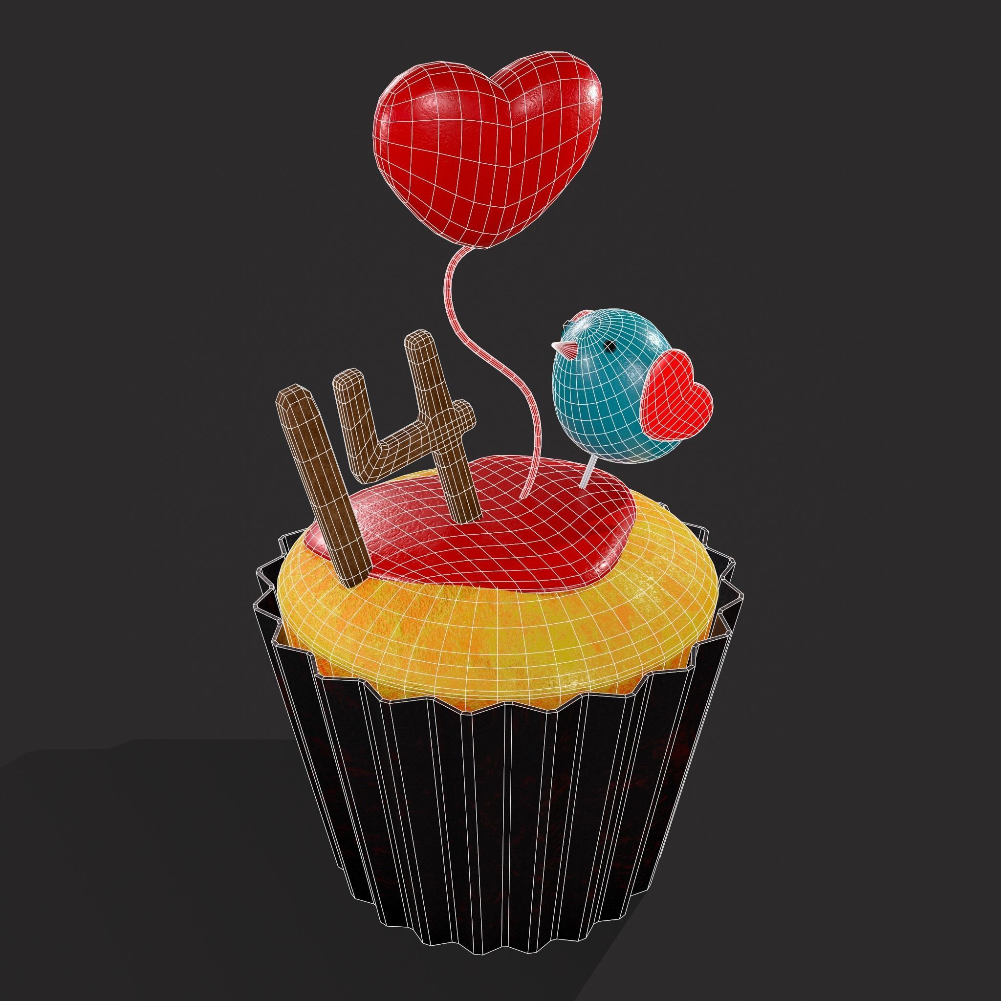Valentines Bird Cupcake Low-poly 3D model_2