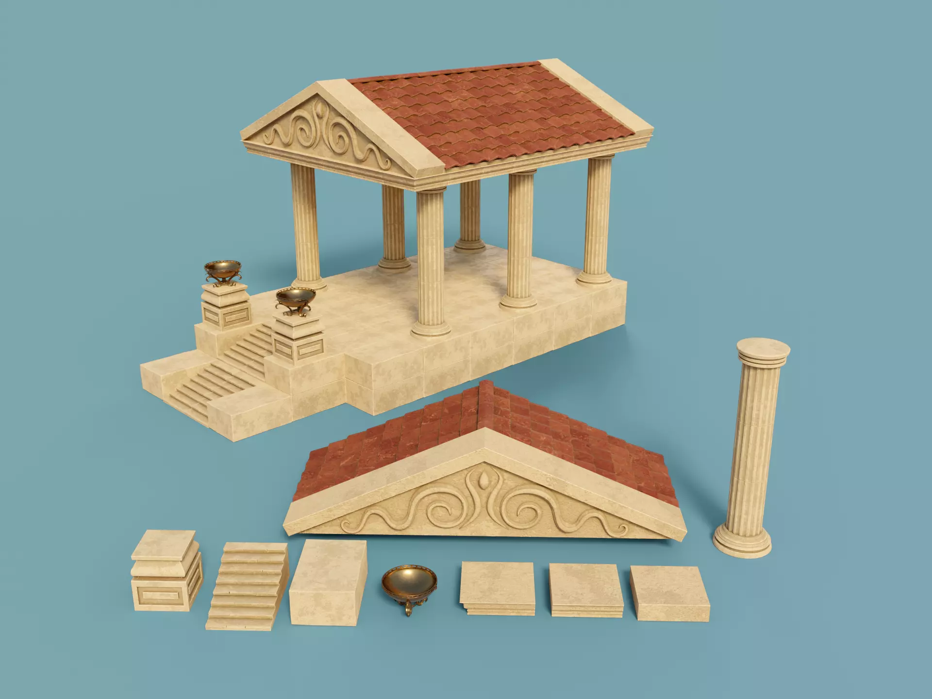Ancient Temple Building Set Low-poly 3D model_0