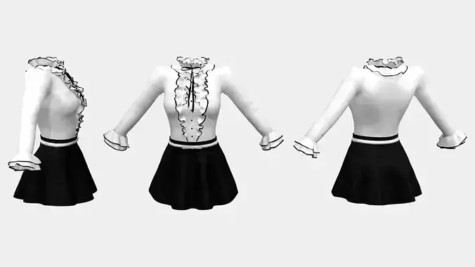 Frill Bow Knot Blouse with Flare Skirt Low-poly 3D model
