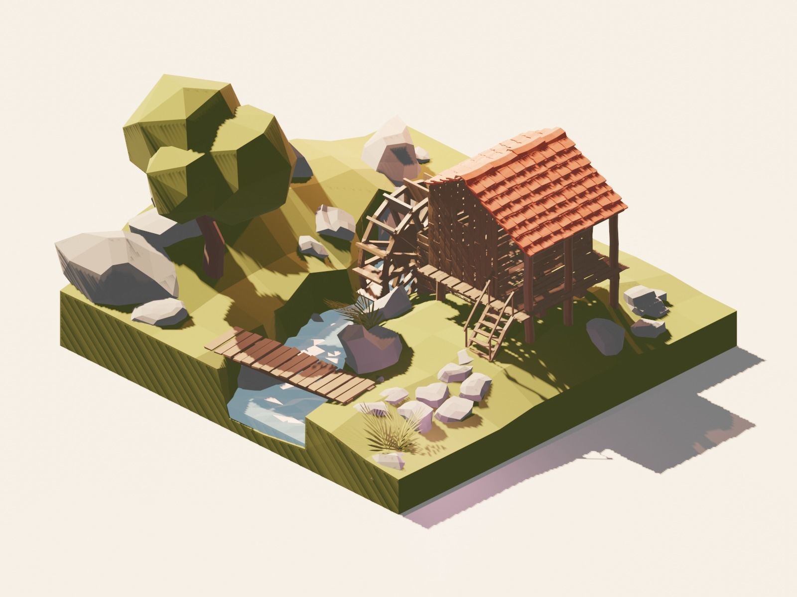 Watermill isometric landscape village low poly Low-poly 3D model Low-poly 3D model_1