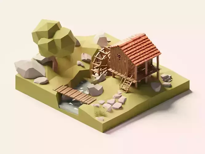 Watermill isometric landscape village low poly Low-poly 3D model Low-poly 3D model