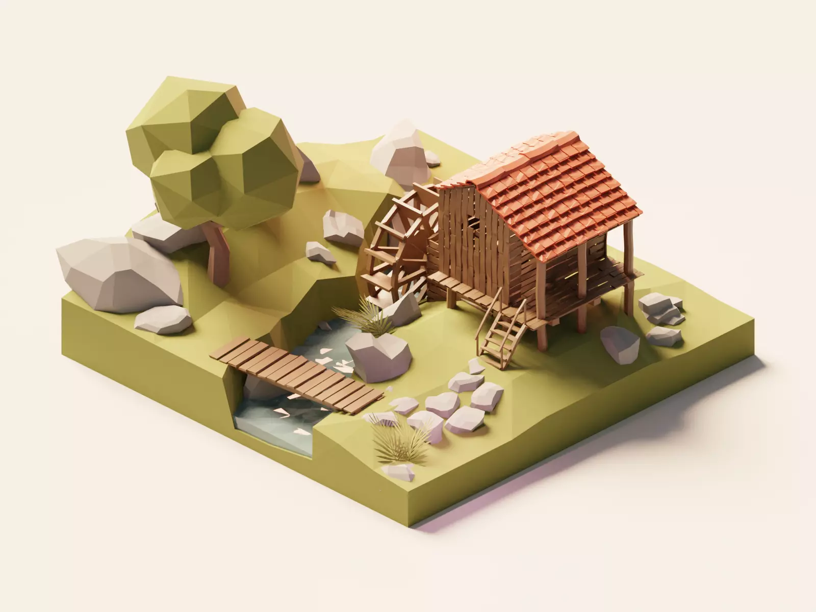 Watermill isometric landscape village low poly Low-poly 3D model Low-poly 3D model_0