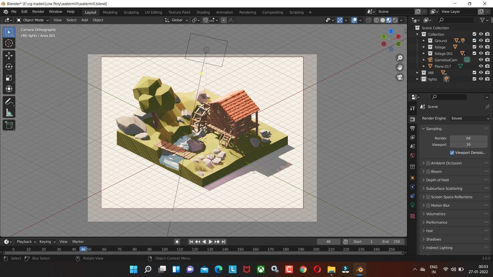 Watermill isometric landscape village low poly Low-poly 3D model Low-poly 3D model_2