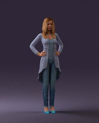 Woman in jeans blue plaid coat 0536 3D Print Ready 3D print model