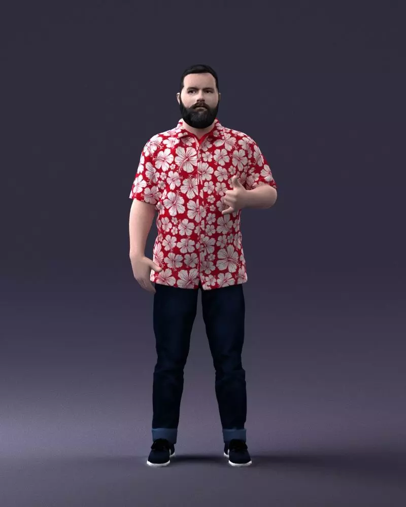 000216 Bearded Man in Red Floral Shirt Thumbs Up 1121 3D print model