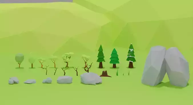 3D Low-Poly Trees Stones 
