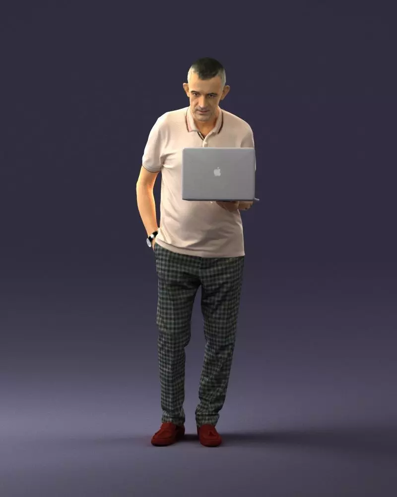 000472 Man in Polo Shirt Holding Open Laptop 3D print model
