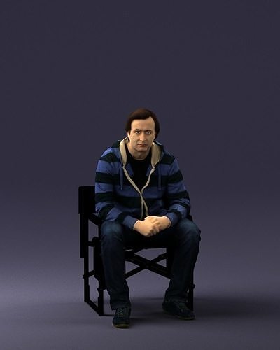 Thoughtful man on folding chair 0182 3D model