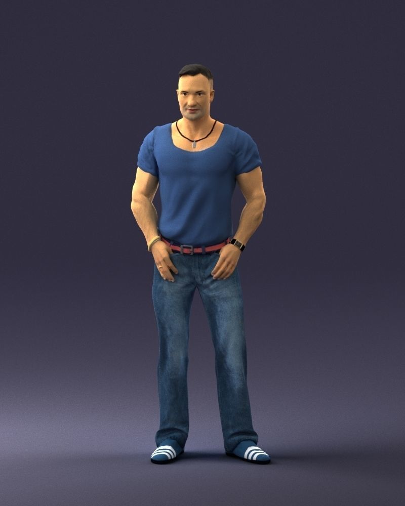 Strong man in a blue t-shirt and jeans 0090 3D Print Ready 3D print model_33