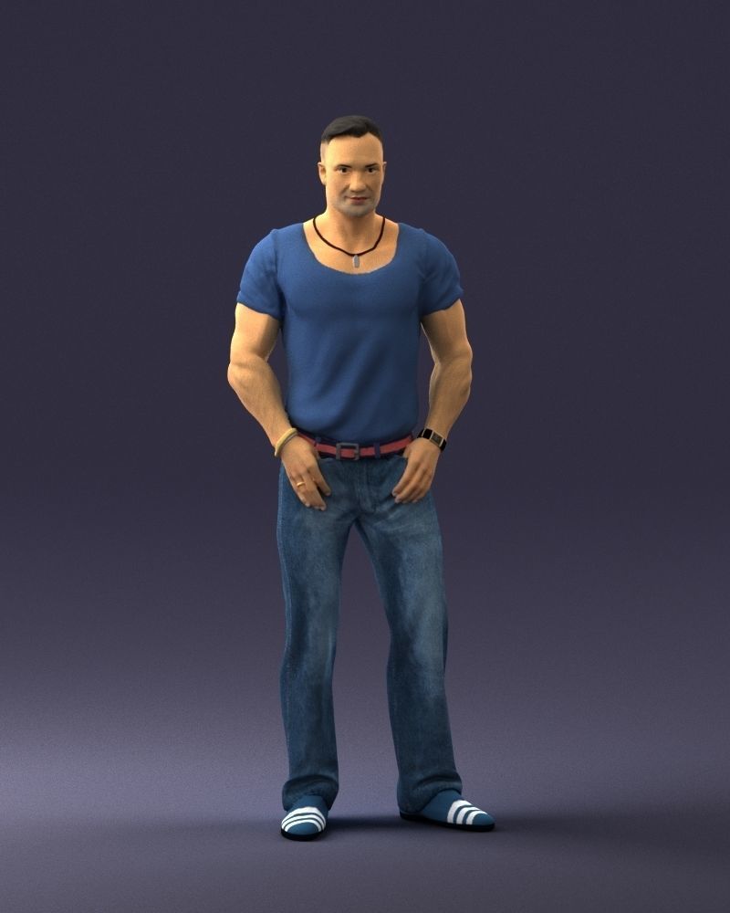 Strong man in a blue t-shirt and jeans 0090 3D Print Ready 3D print model_3