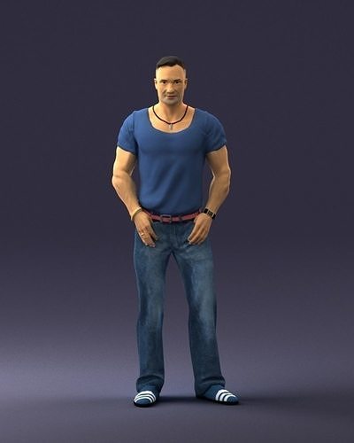 Strong man in a blue t-shirt and jeans 0090 3D Print Ready 3D print model