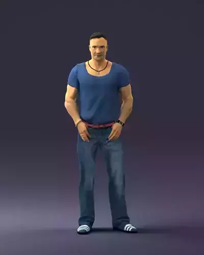 Strong man in a blue t-shirt and jeans 0090 3D Print Ready