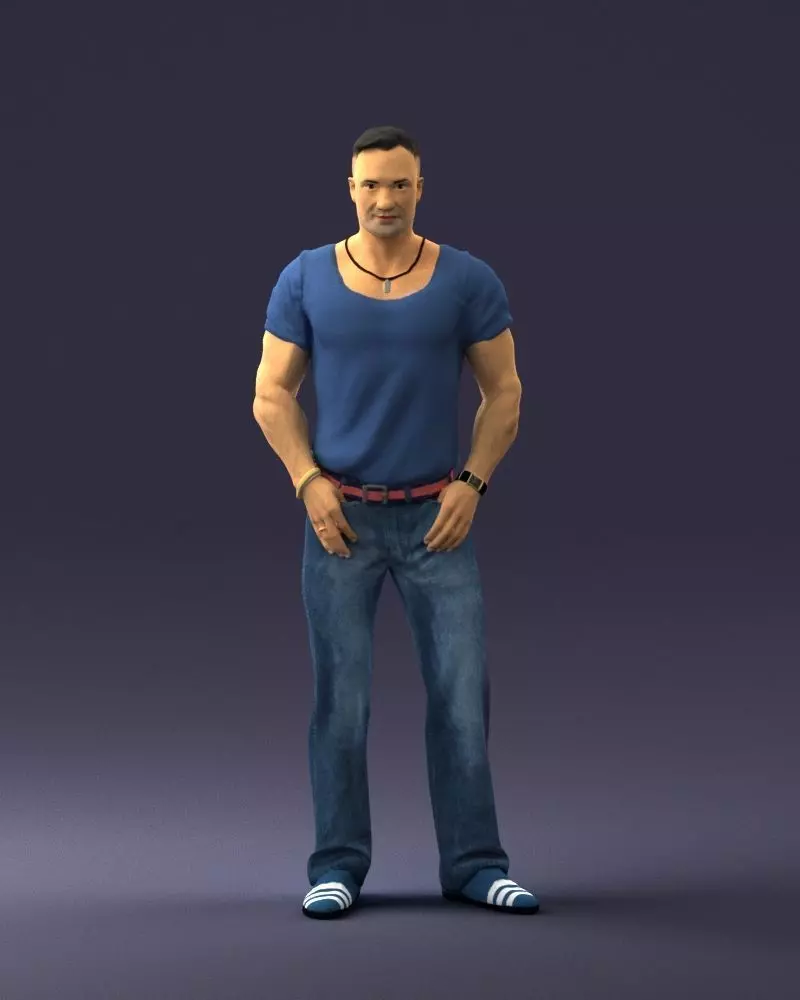 Strong man in a blue t-shirt and jeans 0090 3D Print Ready 3D print model_0