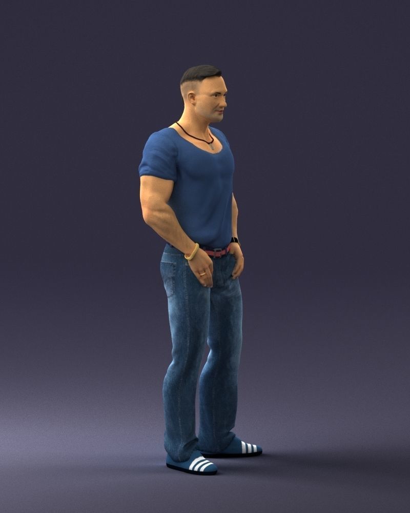 Strong man in a blue t-shirt and jeans 0090 3D Print Ready 3D print model_9