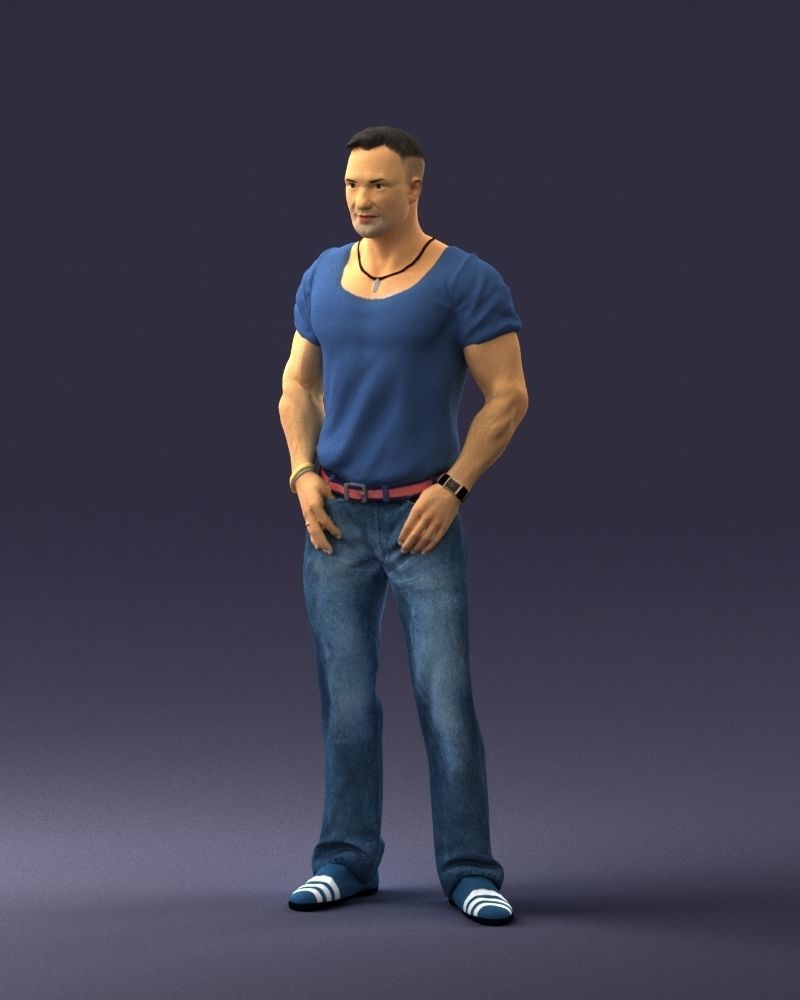 Strong man in a blue t-shirt and jeans 0090 3D Print Ready 3D print model_30