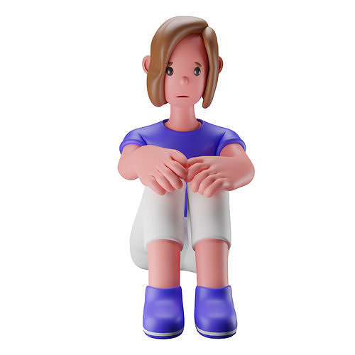 3d Female Character Sitting on the  Floor and Feeling Sad Low-poly 3D model