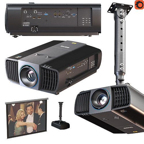 BenQ LK970 laser projector with ceiling bracket and screen 3D model ...