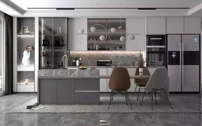 Modern Kitchen with island Refrigerator oven model 3D model 3D model
