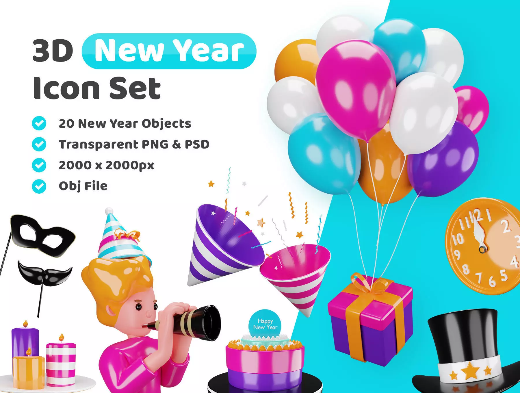 New Year Icon Pack 3D Model Low-poly 3D model_0