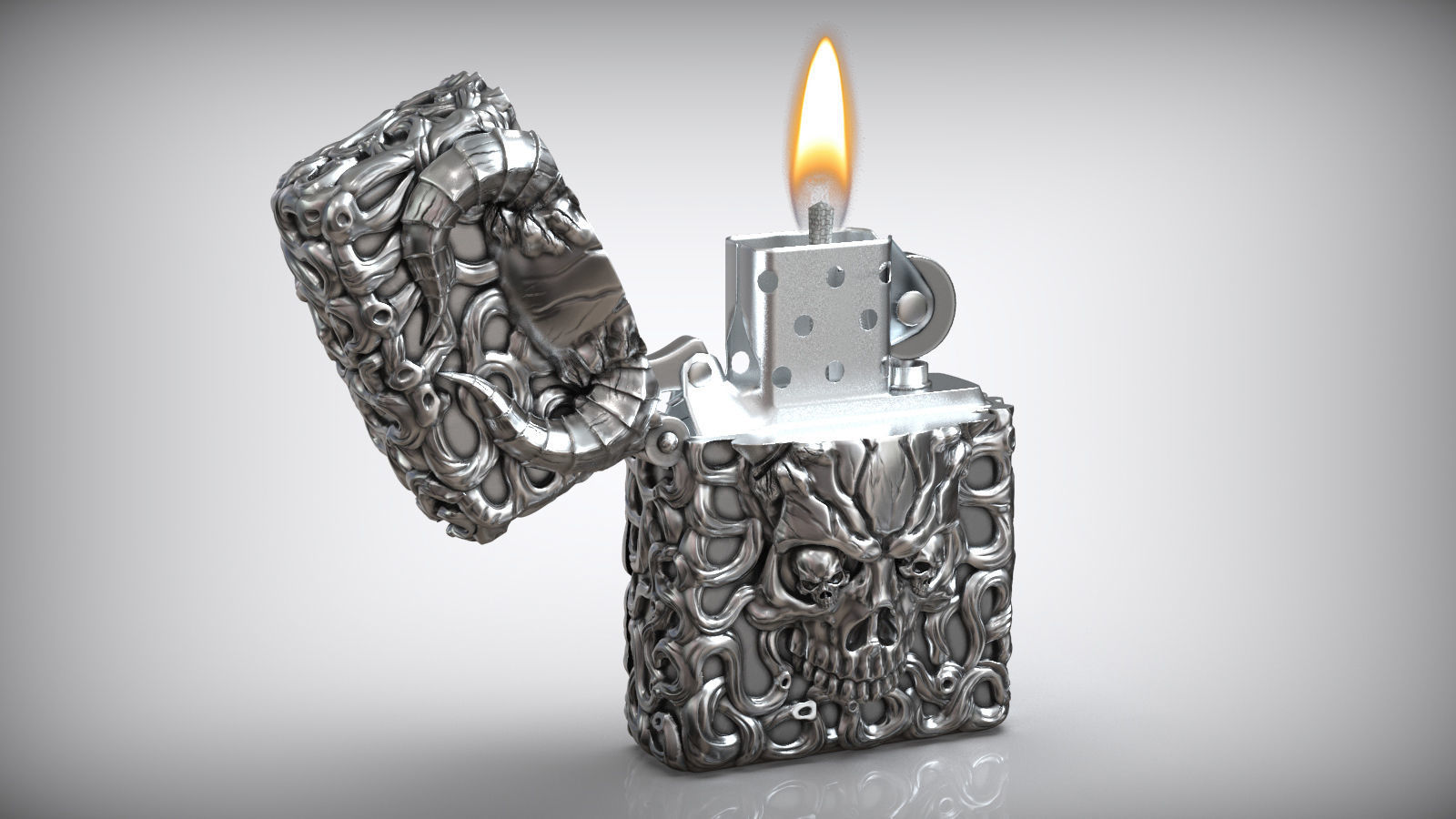 Windproof Skull Horns Zippo Silver Lighter Case 3D print model_1