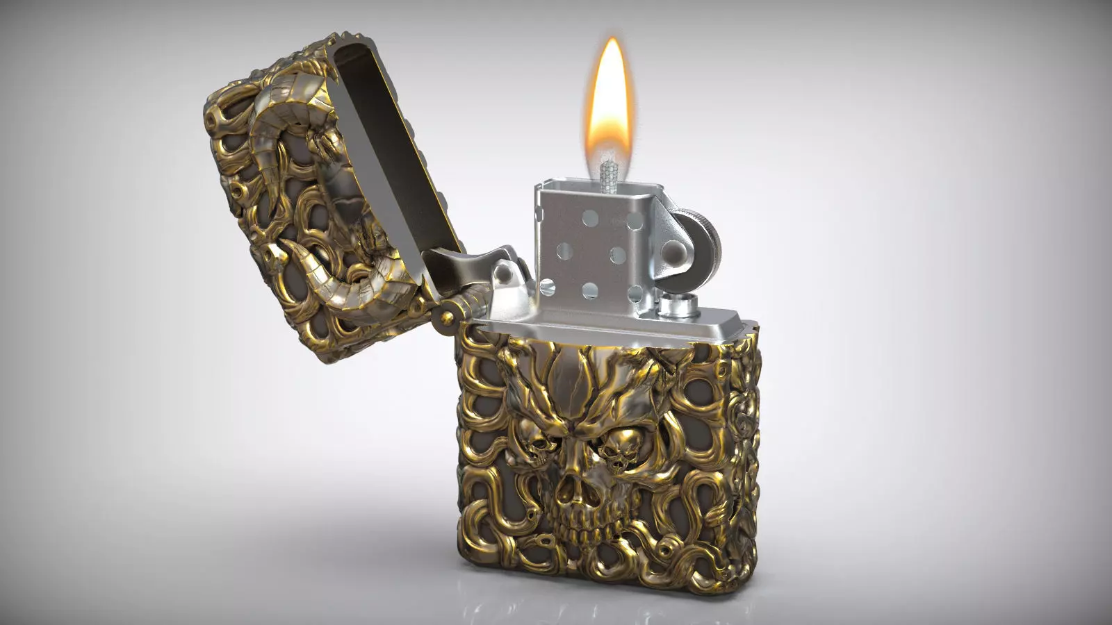 Windproof Skull Horns Zippo Silver Lighter Case 3D print model_0