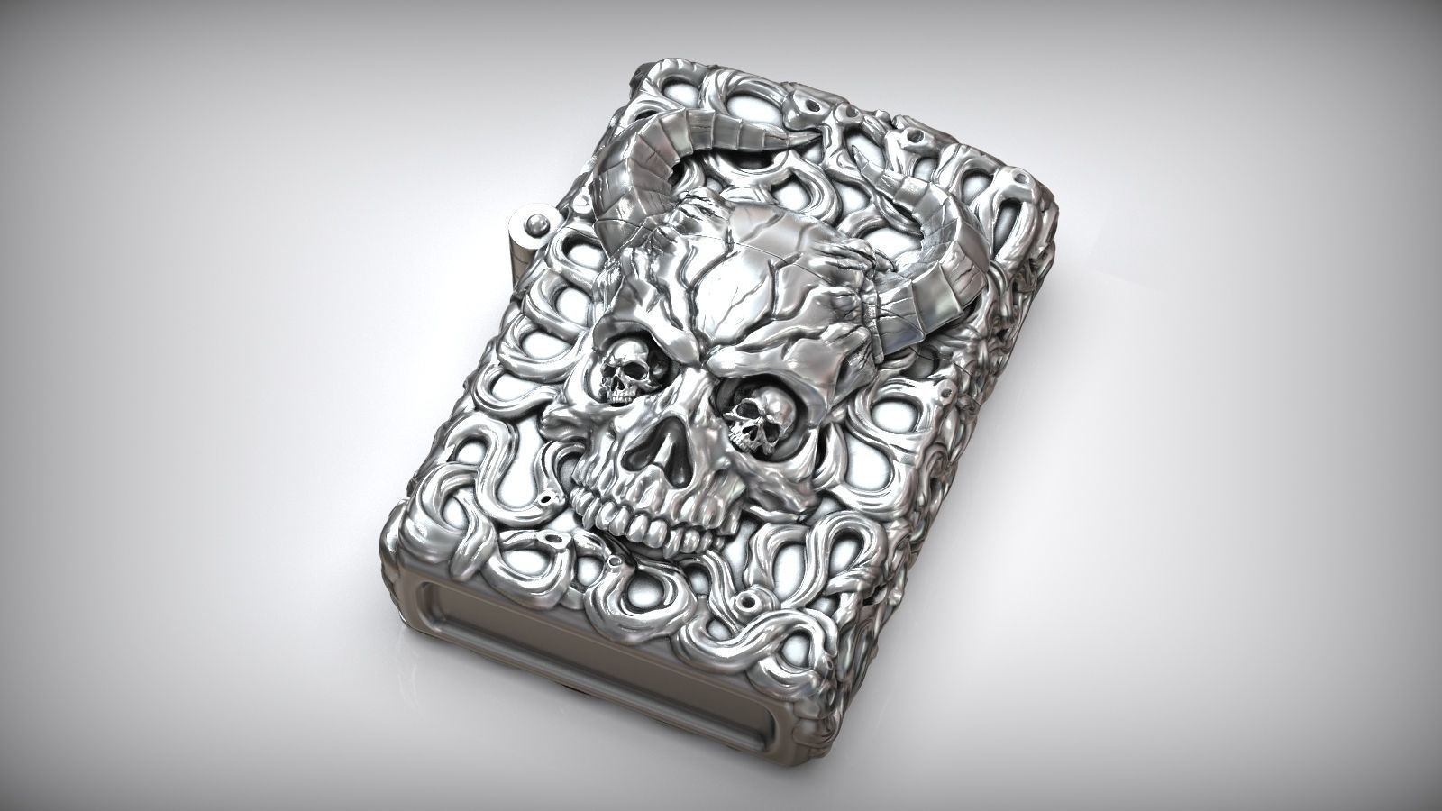Windproof Skull Horns Zippo Silver Lighter Case 3D print model_3