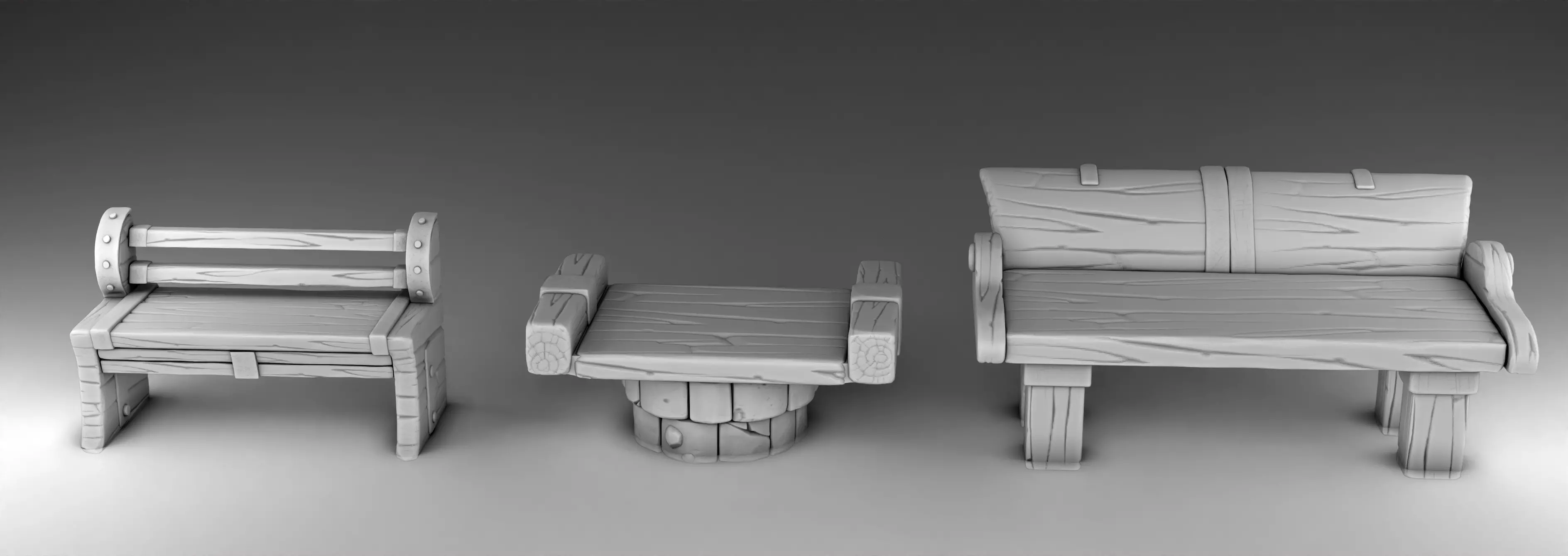 Bench three chairs and table 3D print model