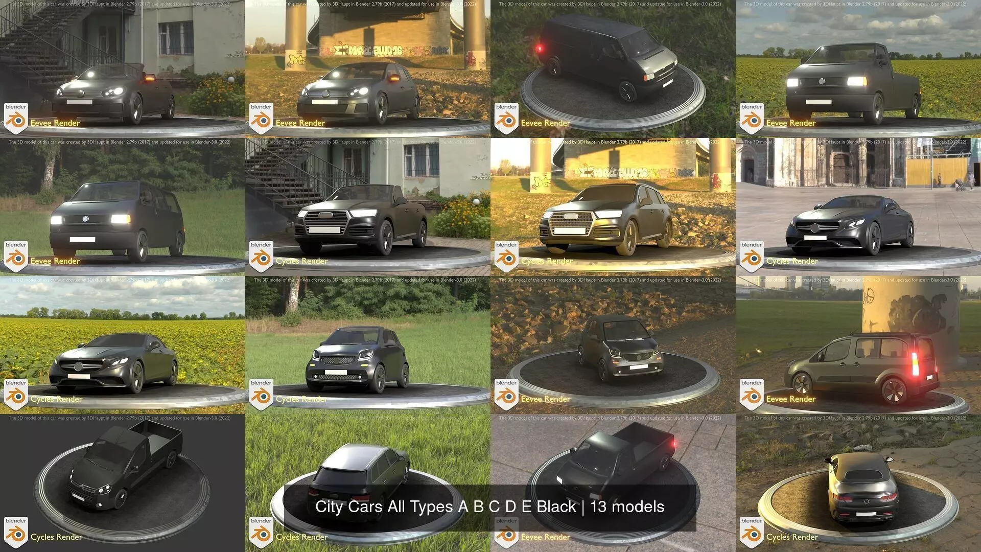 City Cars All Types A B C D E Black 3D Model Collection_0