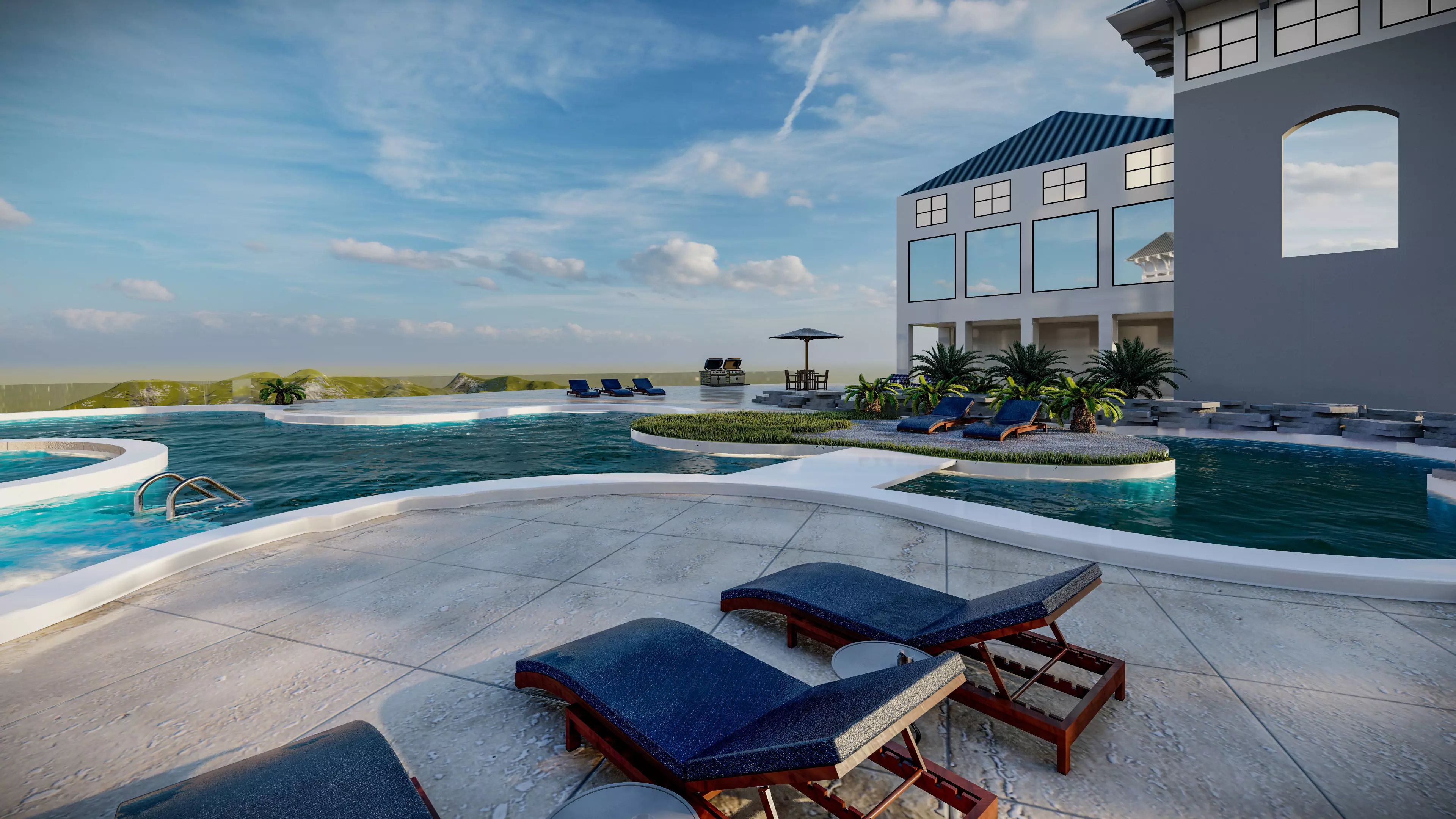 Spa Area Along with swimming pool near ocean design  3D model_0