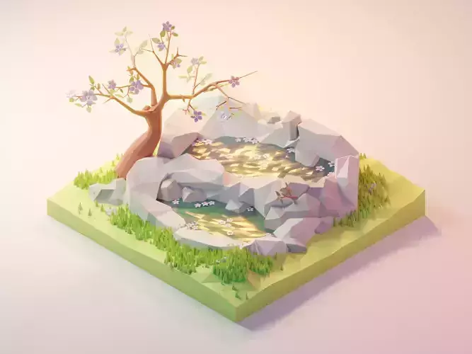 spring season -  Low-poly 3D model Render in Blender game ready Low-poly 3D model