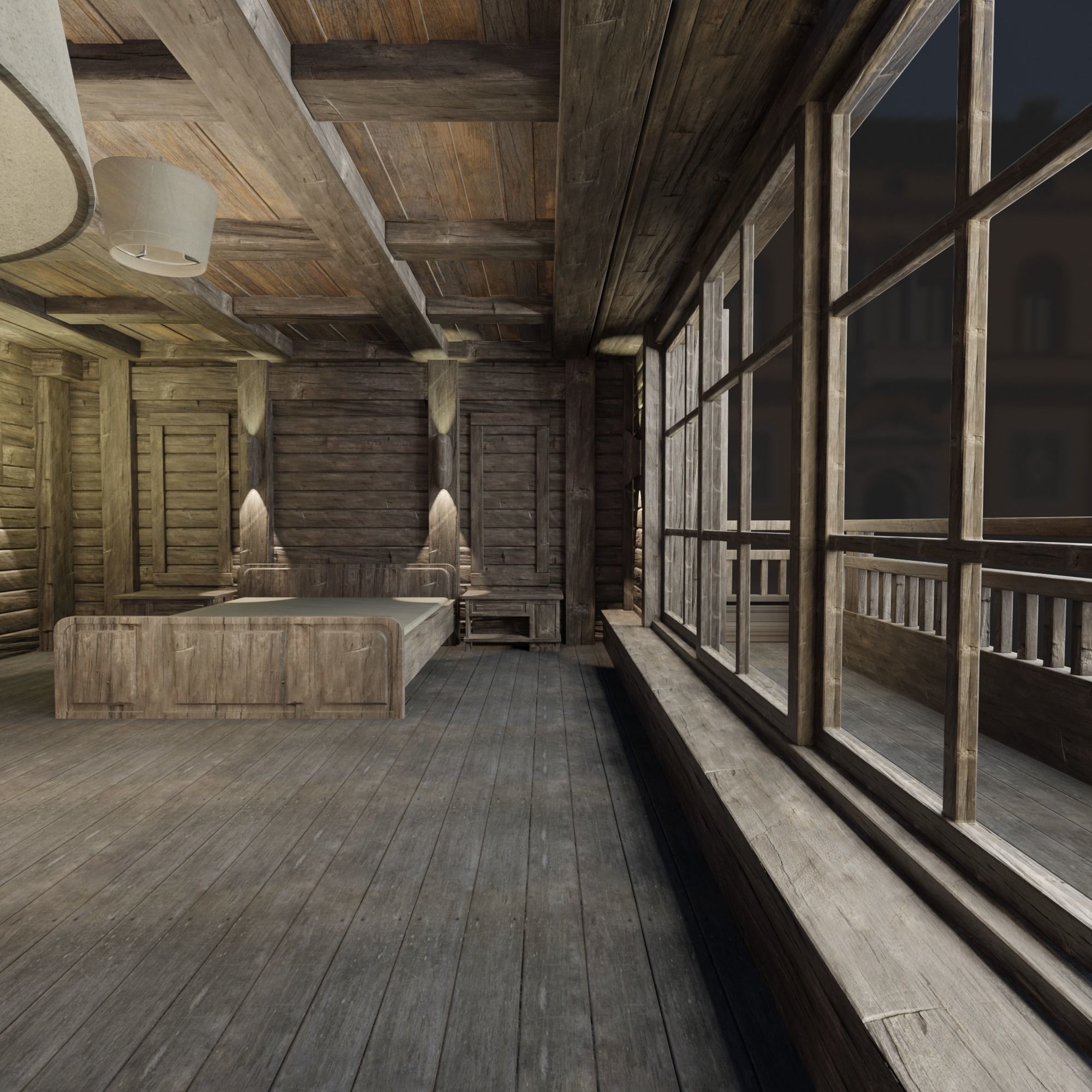 Loft bedroom with a huge window Low-poly 3D model_5