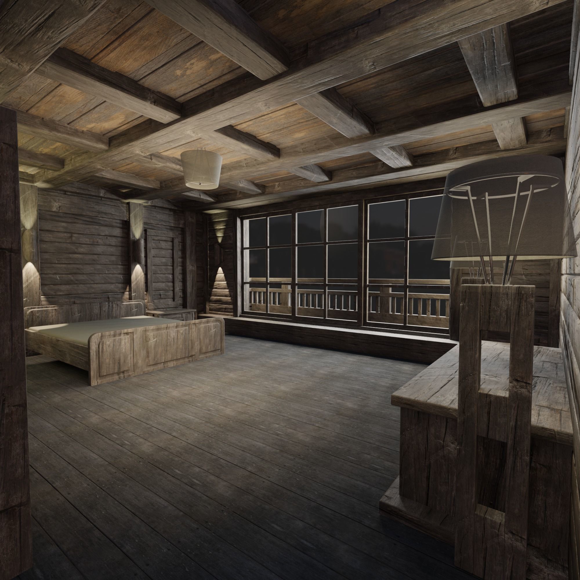 Loft bedroom with a huge window Low-poly 3D model_9