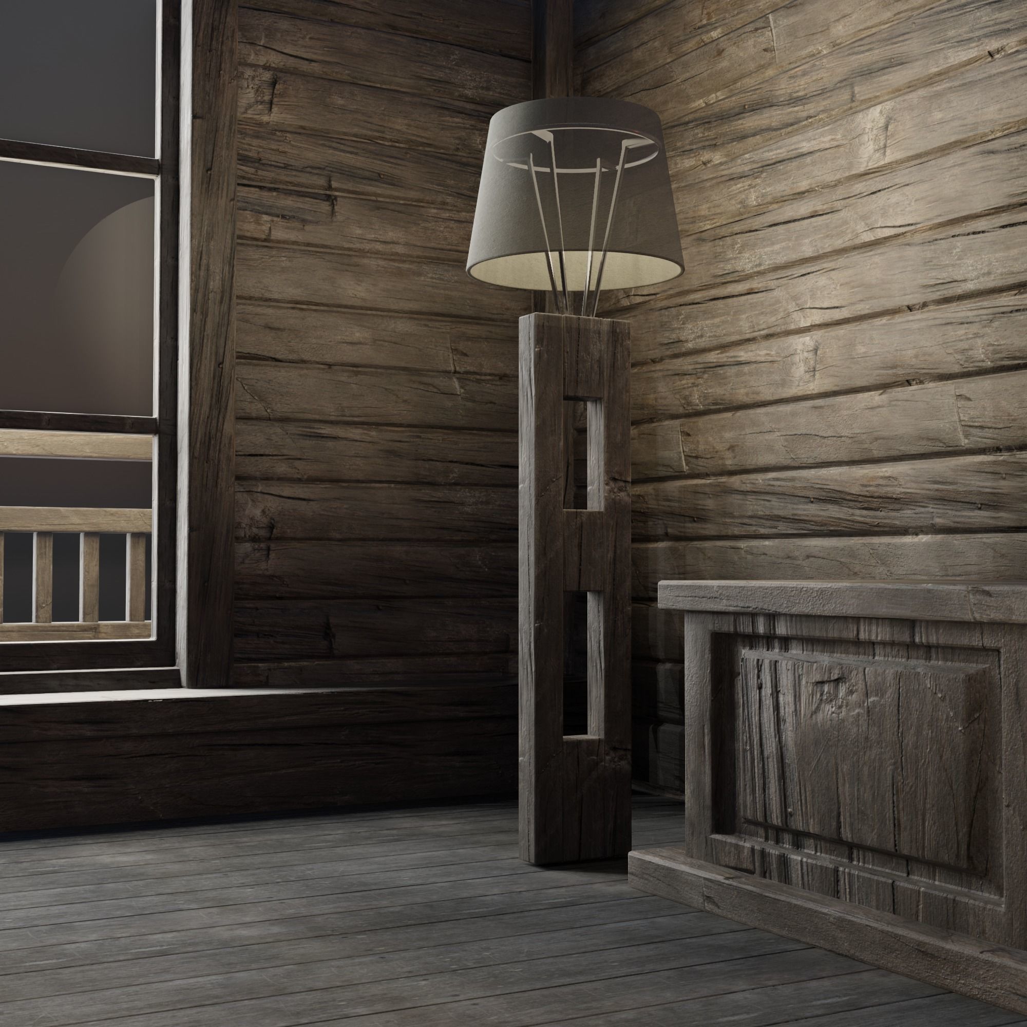 Loft bedroom with a huge window Low-poly 3D model_6