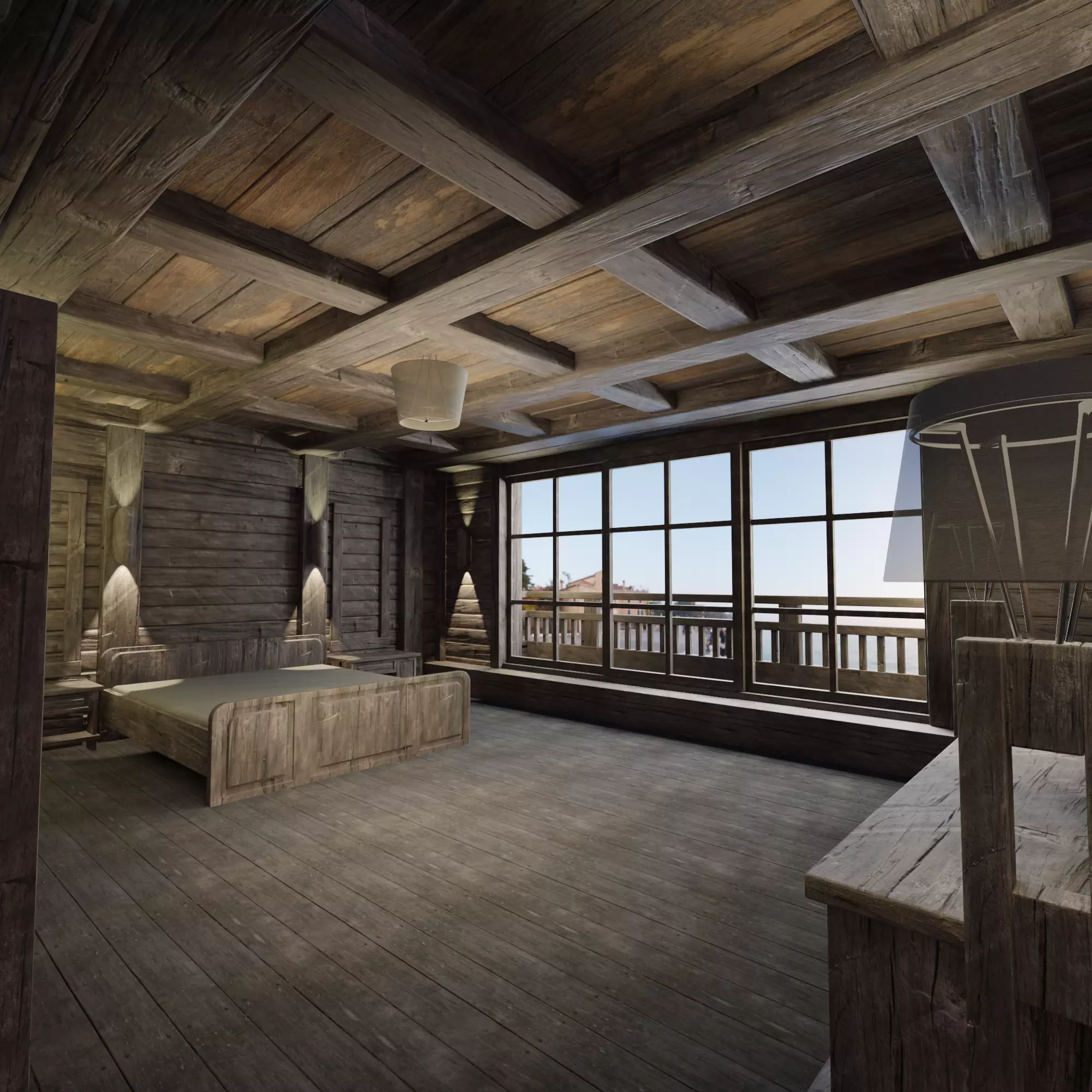 Loft bedroom with a huge window Low-poly 3D model_0