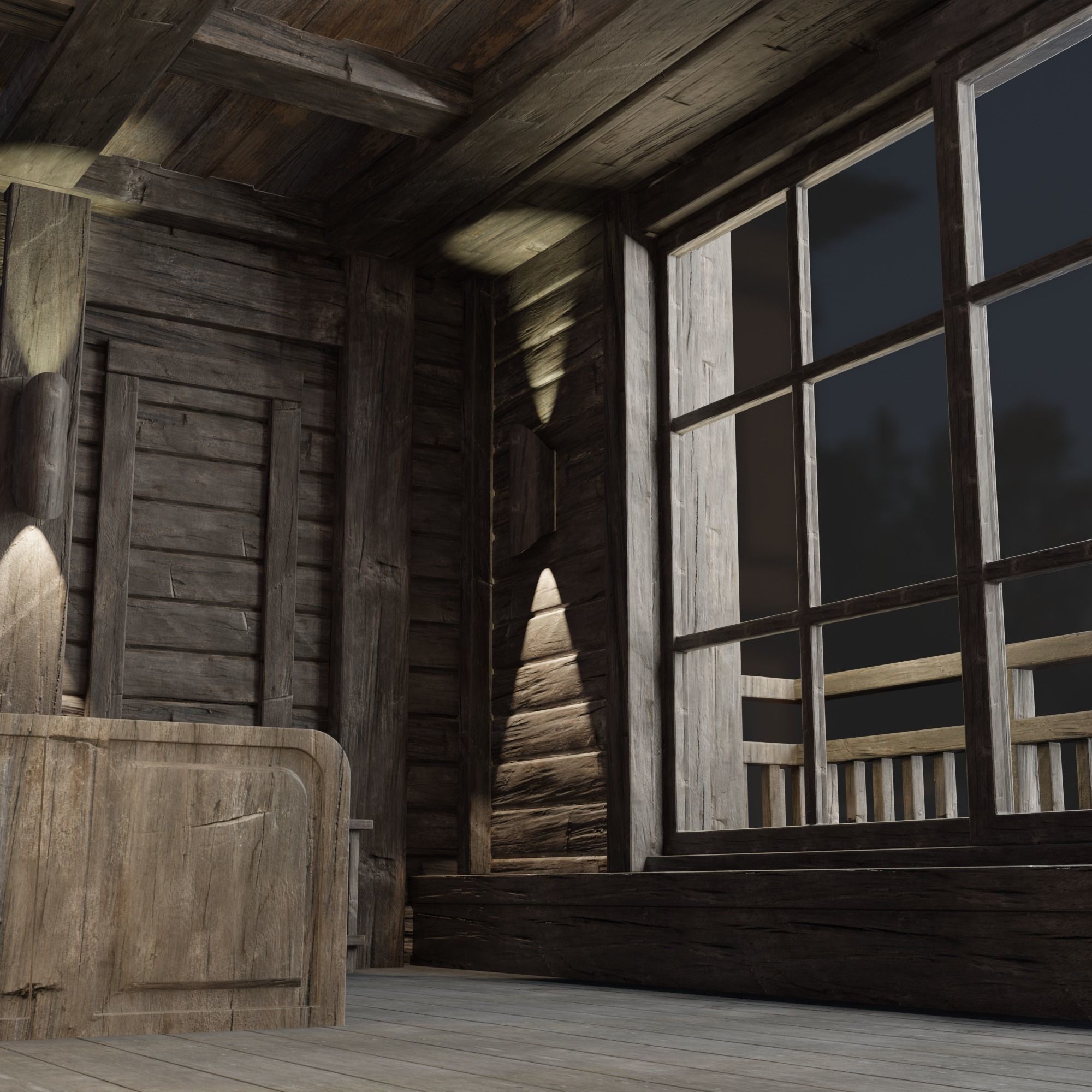 Loft bedroom with a huge window Low-poly 3D model_3