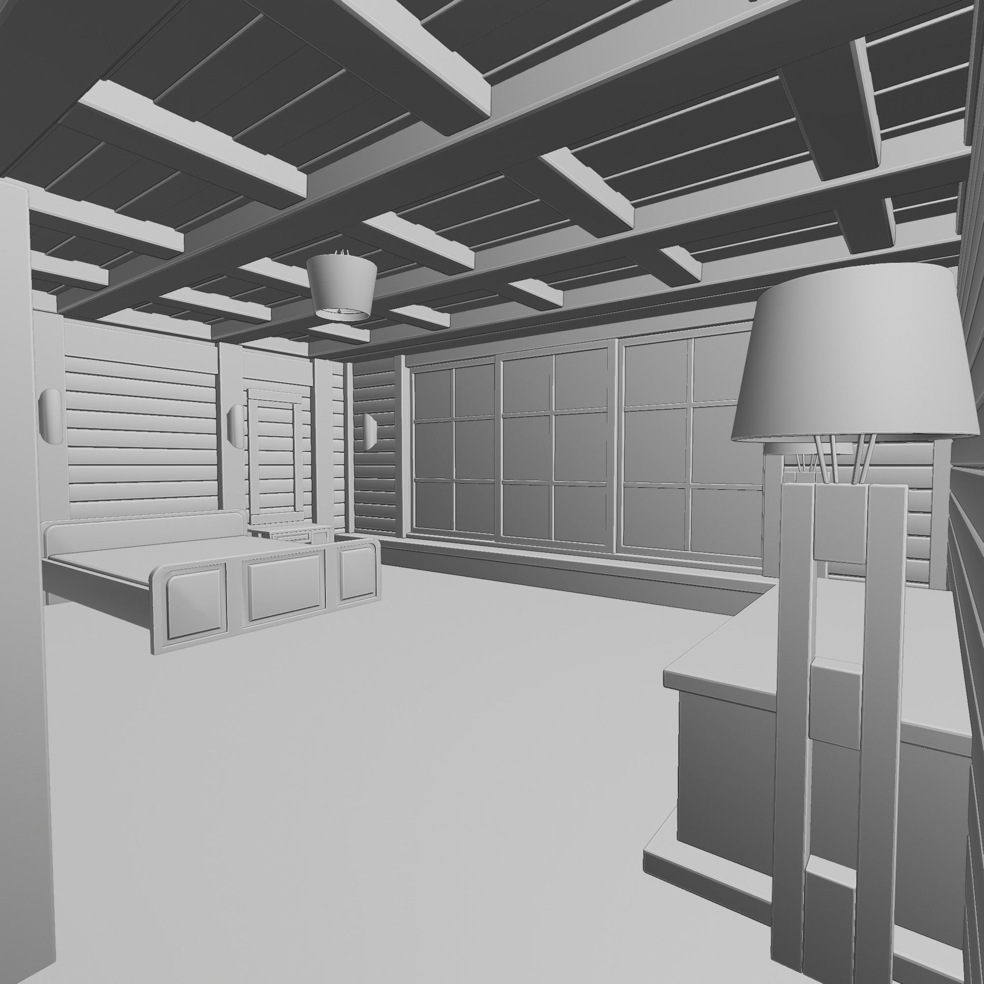 Loft bedroom with a huge window Low-poly 3D model_13